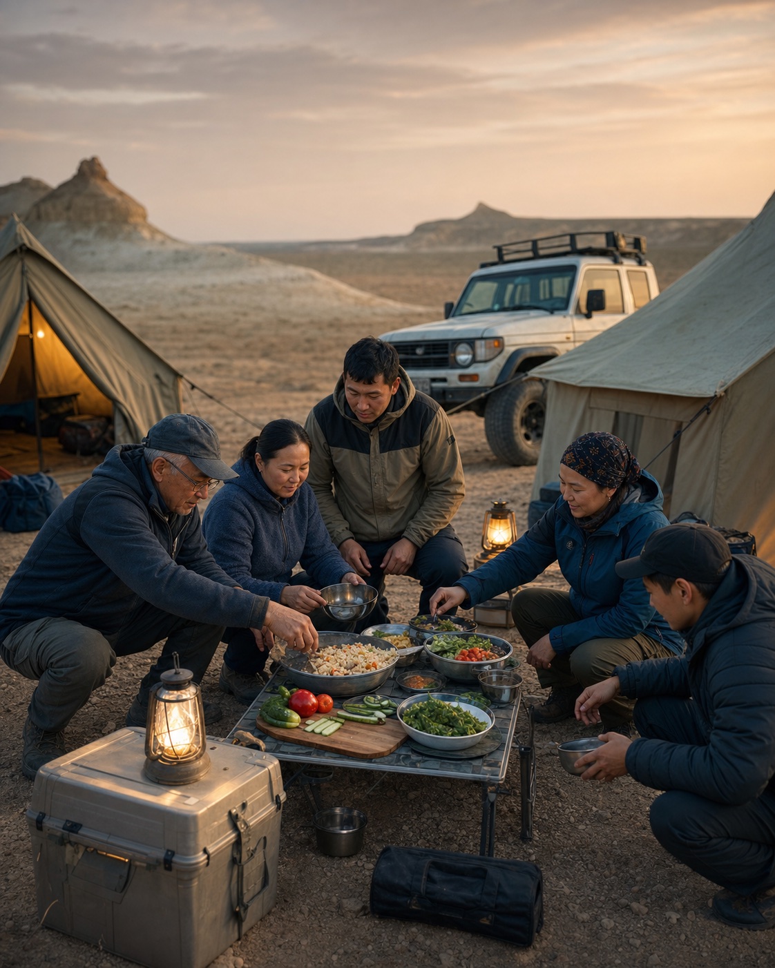 Участники Atyrau Nomads готовят ужин в экспедиционном лагере